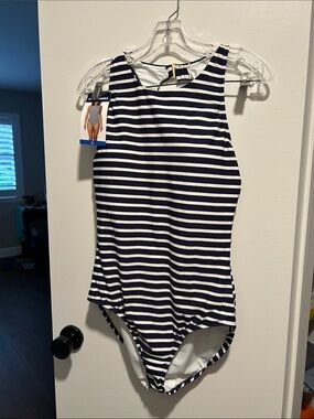 Lands' End Women's Navy and White Striped One-Piece Swimsuit, Worn Once!!